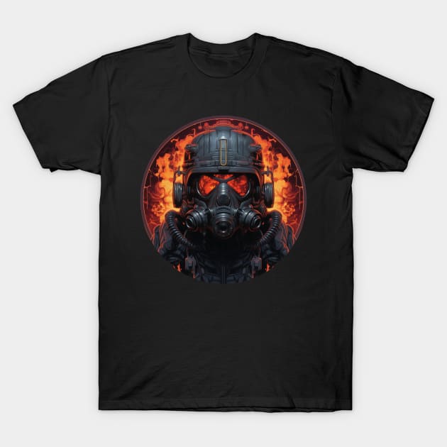 Futuristic Firefighter Pyromancer Arsonist Industrial Cypherpunk T-Shirt by Nightarcade